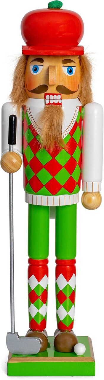Golf Player Christmas Nutcracker – Red and Green Wooden Golfer with Club and Ball Xmas Themed Holiday Nut Cracker Doll Figure Toy Decorations 15"